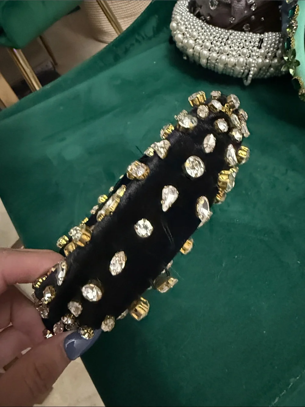 Bejeweled Black Velvet Headband with Crystal Accents NEVER WORN